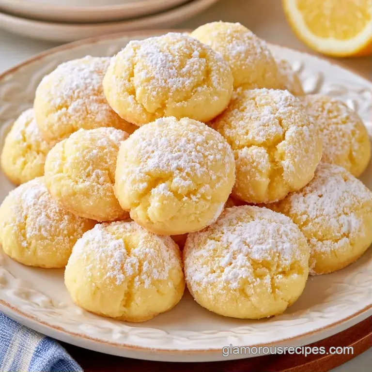 A stack of dusted white dessert spheres on a marble slab, paired with a bright, fresh yellow lemon slice.