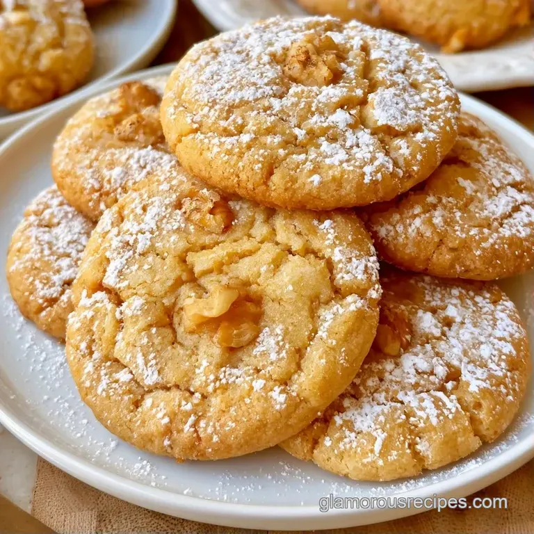 Round, sugar-dusted treats arranged on a marble platter with scattered walnut halves and a soft linen napkin.