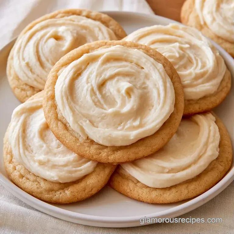 A neat stack of pale gold cookies with smooth white frosting, arranged elegantly on a linen napkin next to a tea cup.
