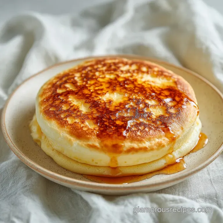 Stack of jiggly, cloud-like souffle pancakes on a white plate, drizzled with honey and adorned with fresh berries.