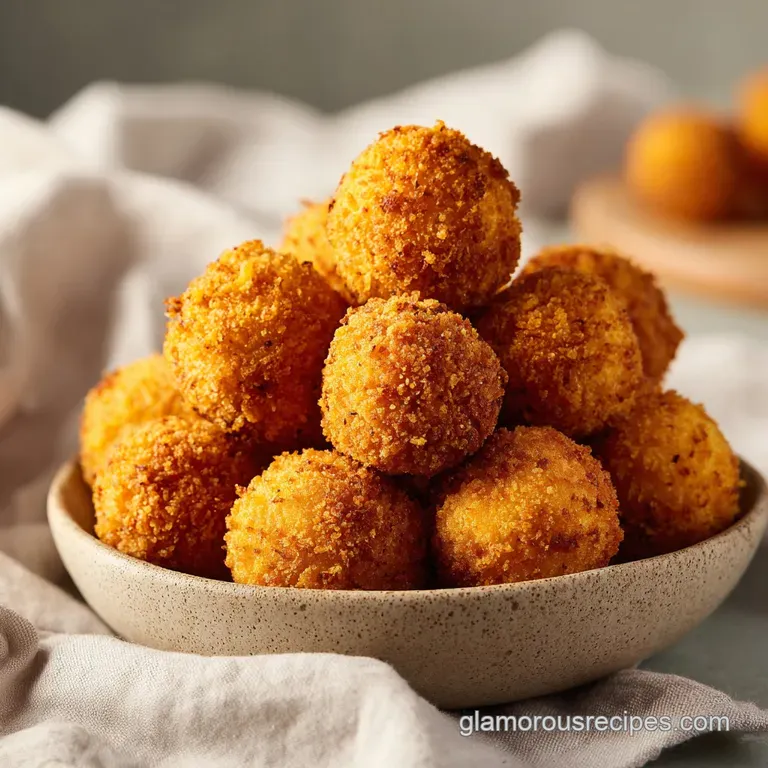 A neat stack of fried cornmeal balls on a white ceramic platter, garnished with fresh parsley and a side of honey butter.