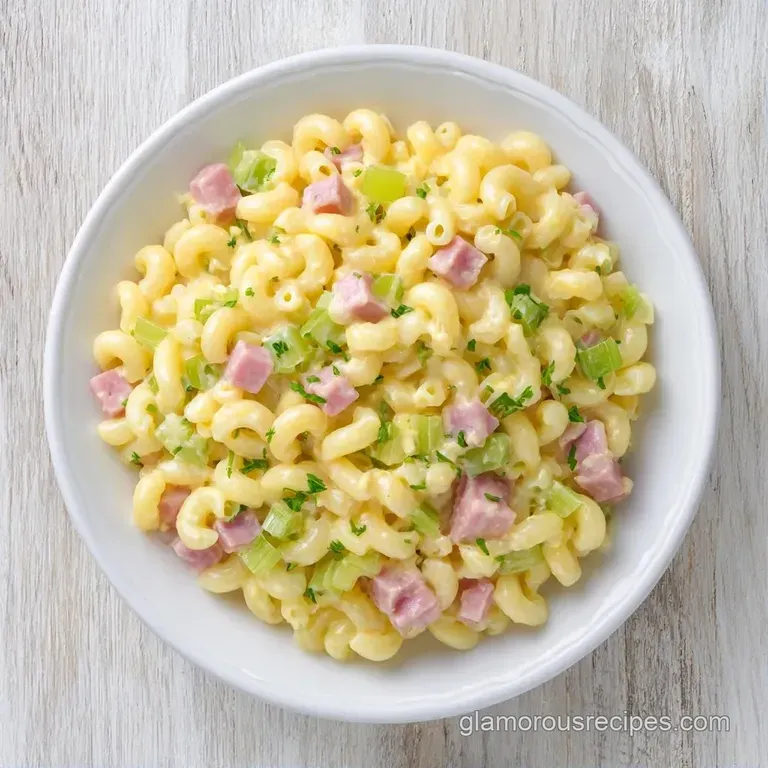 A chilled scoop of creamy pasta salad with orange carrots and celery served on a blue plate with a silver fork.