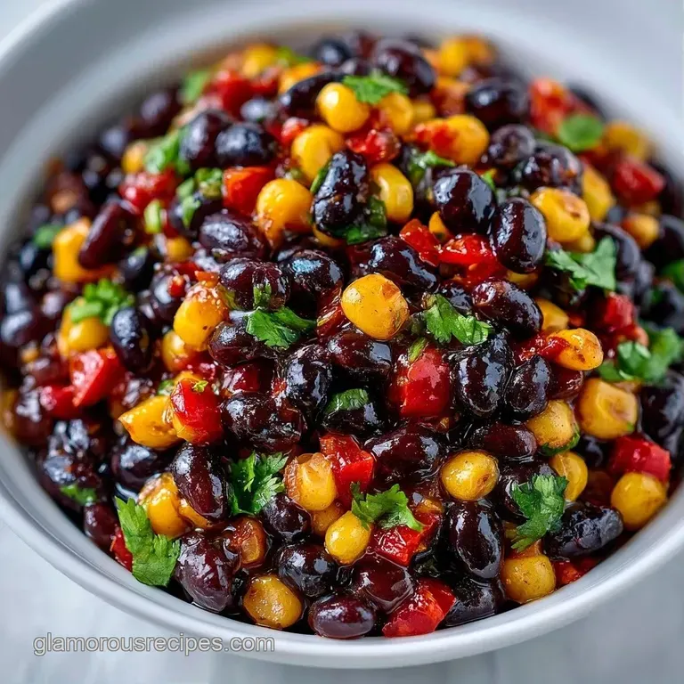Vibrant mix of black beans, golden corn, and red peppers topped with cilantro leaves on a minimalist white plate.