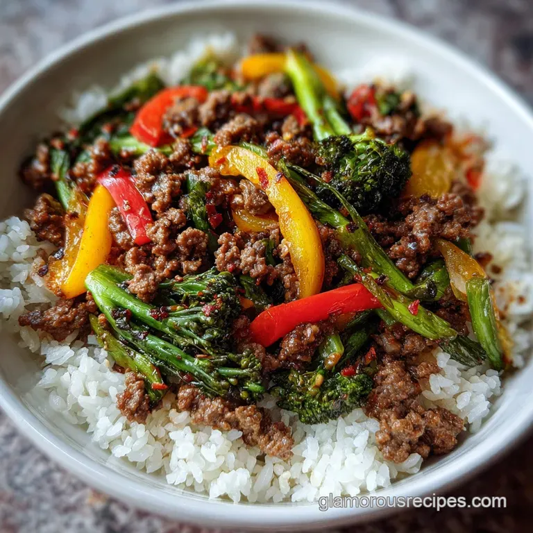 Elegant bowl of spicy ground beef and colorful garlic veggies atop steamy rice. A satisfying, healthy dish, ready in minutes.