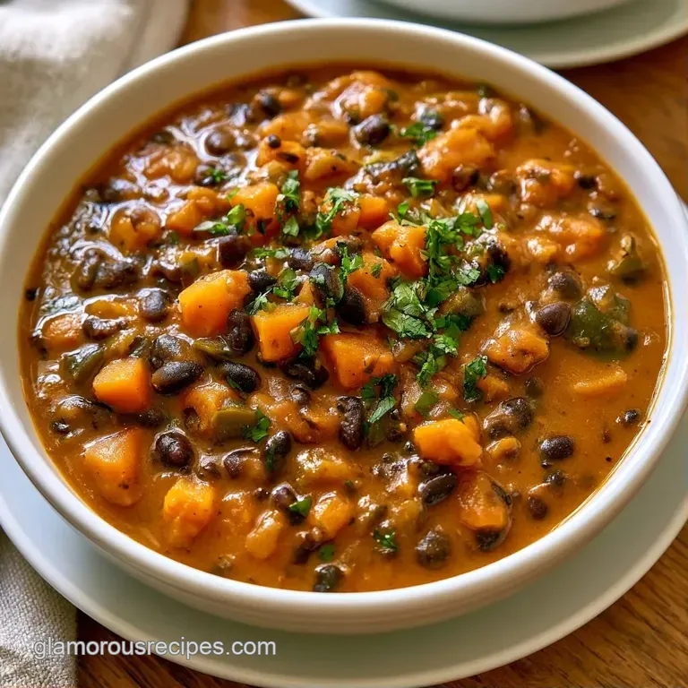 Dark, velvety bean soup in a white bowl on a rustic wood table, garnished with lime wedges and microgreens.