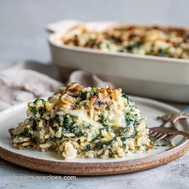 A scoop of fluffy spinach rice casserole, topped with a sprinkle of fresh herbs.