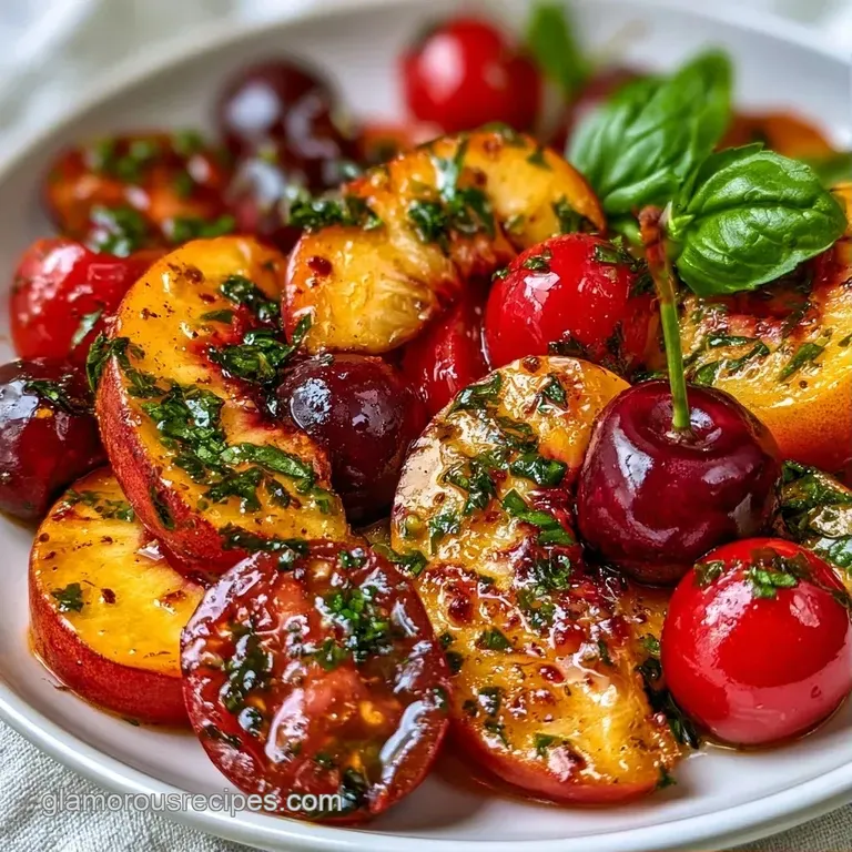 Alternating slices of orange stone fruit and soft mozzarella on a white platter, topped with vibrant green basil leaves.