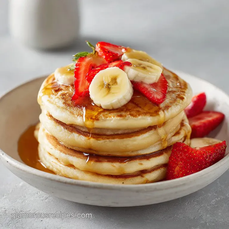 A stack of fluffy golden cakes topped with vibrant red berries and sliced bananas on a white ceramic plate.