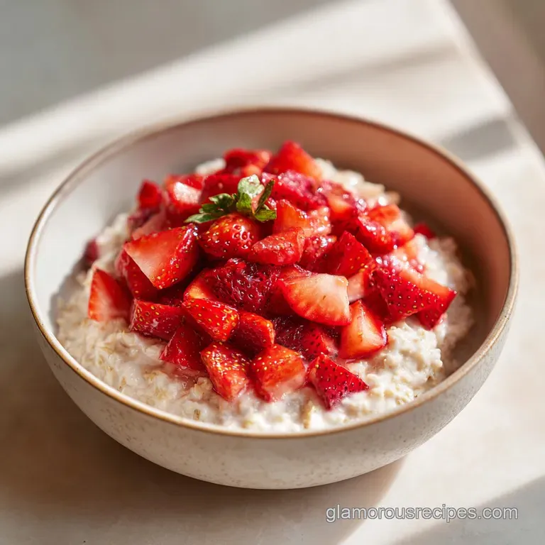 A clear glass jar showcasing layers of pale cream oats and bright red berries, topped with a crisp golden crumble.