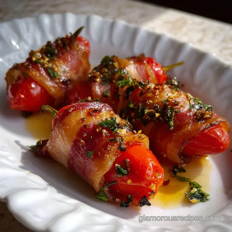 Three stuffed cherry peppers arranged on a white plate, garnished with fresh green herbs. A bright, appetizing presentation.
