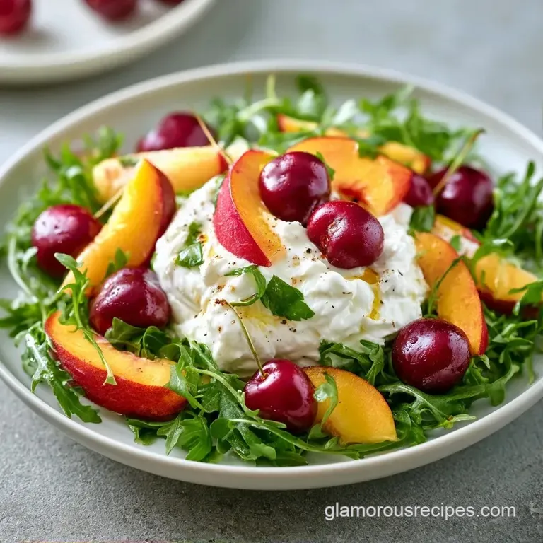 Creamy burrata cheese centered among vibrant orange peaches and purple plums, drizzled with glossy olive oil.