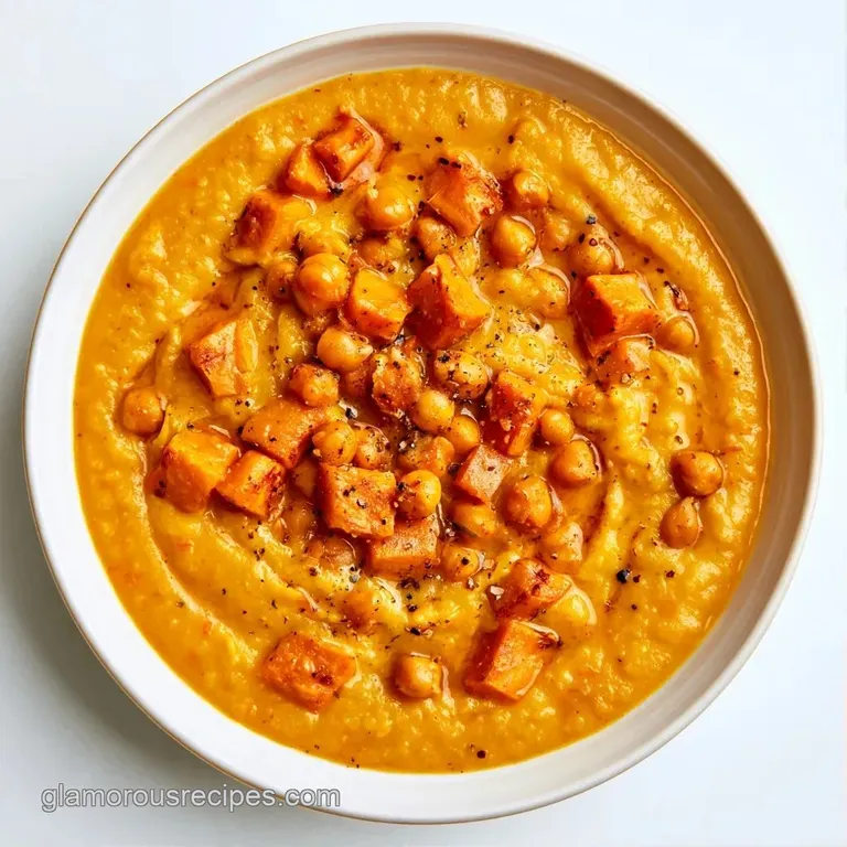 A minimalist white ceramic bowl of vibrant orange puree topped with golden chickpeas and a sprig of fresh cilantro.