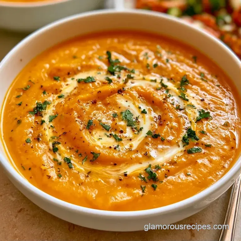 Deep bowl of thick orange puree garnished with toasted seeds, served beside a slice of crusty sourdough bread.