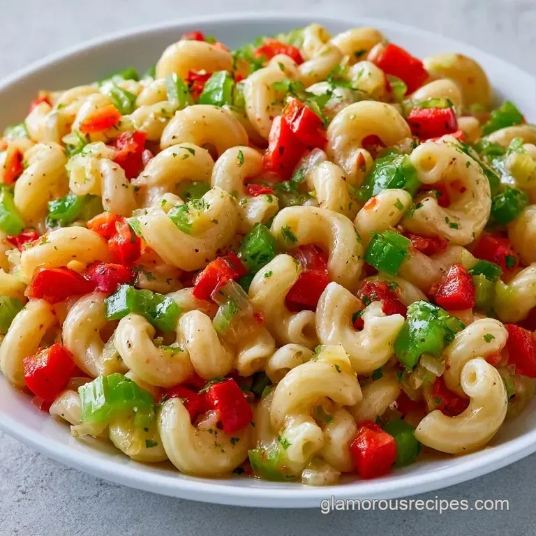 Vibrant pasta salad served in a white platter, garnished with fresh parsley and bright red bell pepper bits.