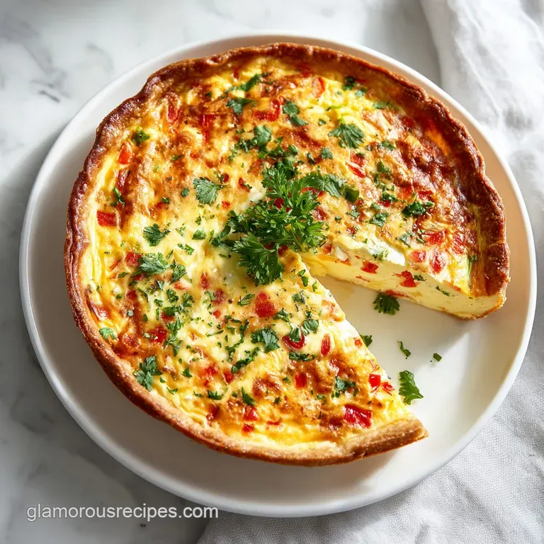 Slice of creamy, golden three-cheese quiche on a white plate. Flaky crust and visible layers of cheese create a delicious ...