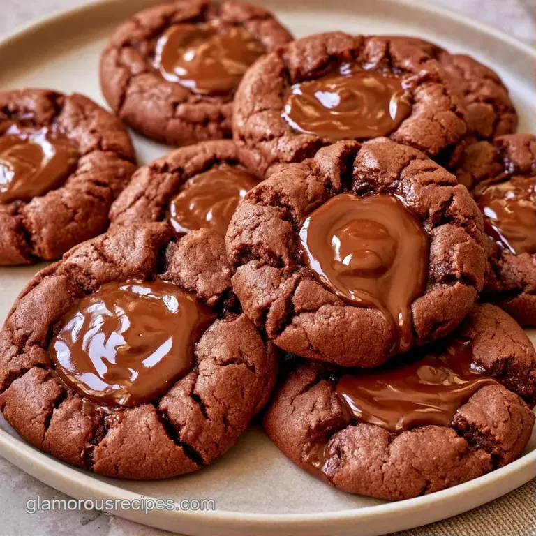 A stack of buttery gold biscuits with melted dark chocolate centers on a white ceramic plate with a linen napkin.
