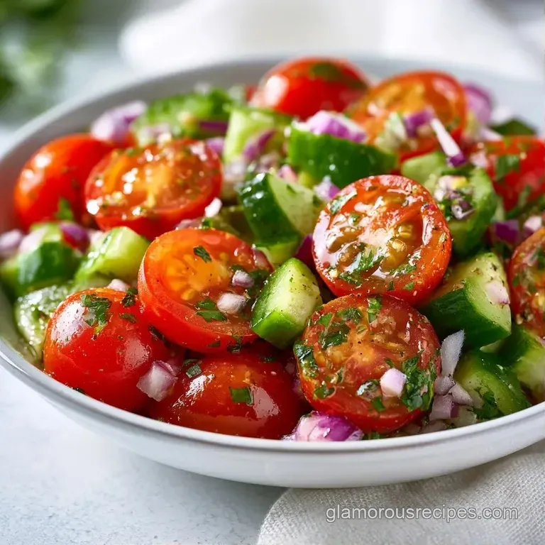 Freshly chopped red and green vegetables in a white bowl, garnished with herb sprigs on a bright linen cloth.