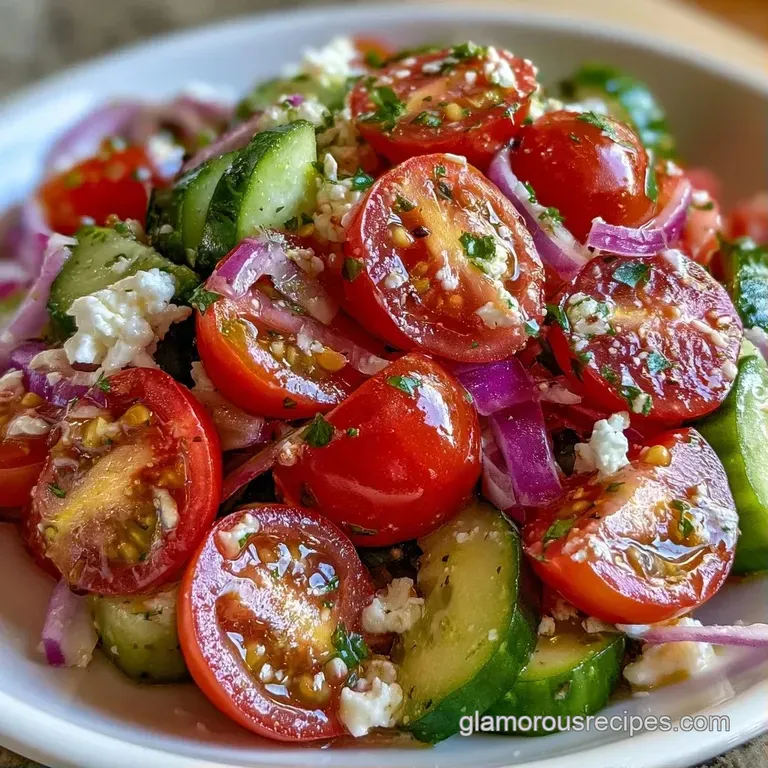 Diced heirloom tomatoes and crumbled white feta on a marble platter, drizzled with oil and topped with green herbs.