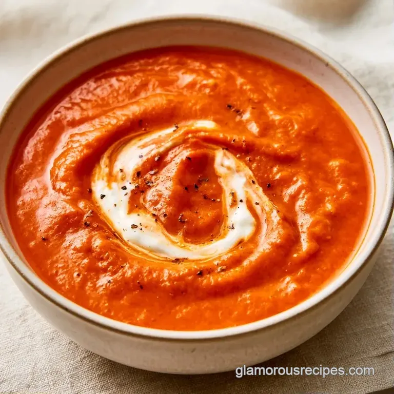 Vibrant orange soup in a ceramic bowl, garnished with a white yogurt swirl and a crisp sprig of fresh green basil.