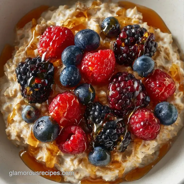 A smooth, pale porridge served in a ceramic bowl, garnished with vibrant raspberries and a sprig of fresh mint.