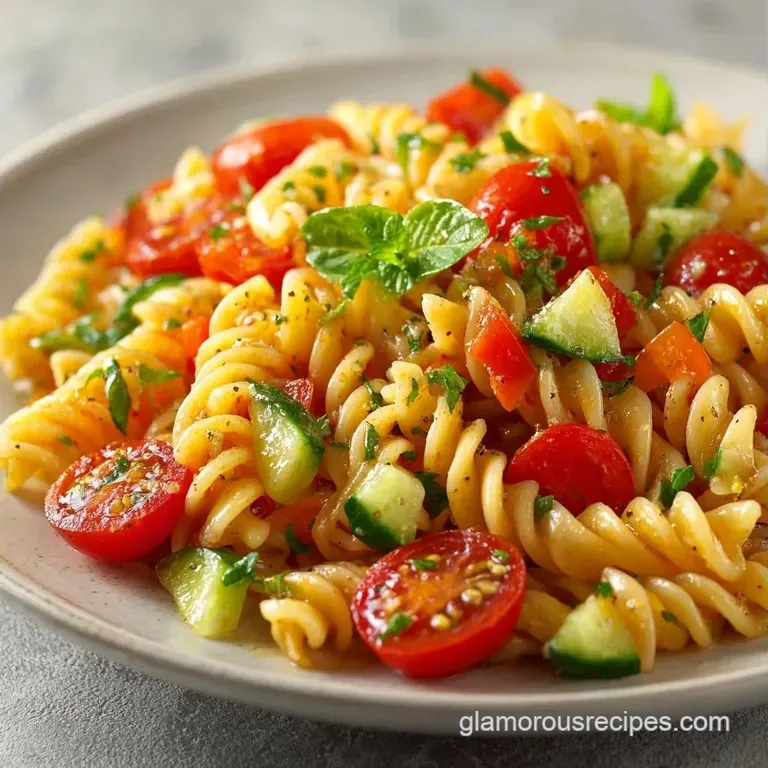 Brightly colored pasta mixed with garden vegetables in a white porcelain bowl topped with cracked black pepper.