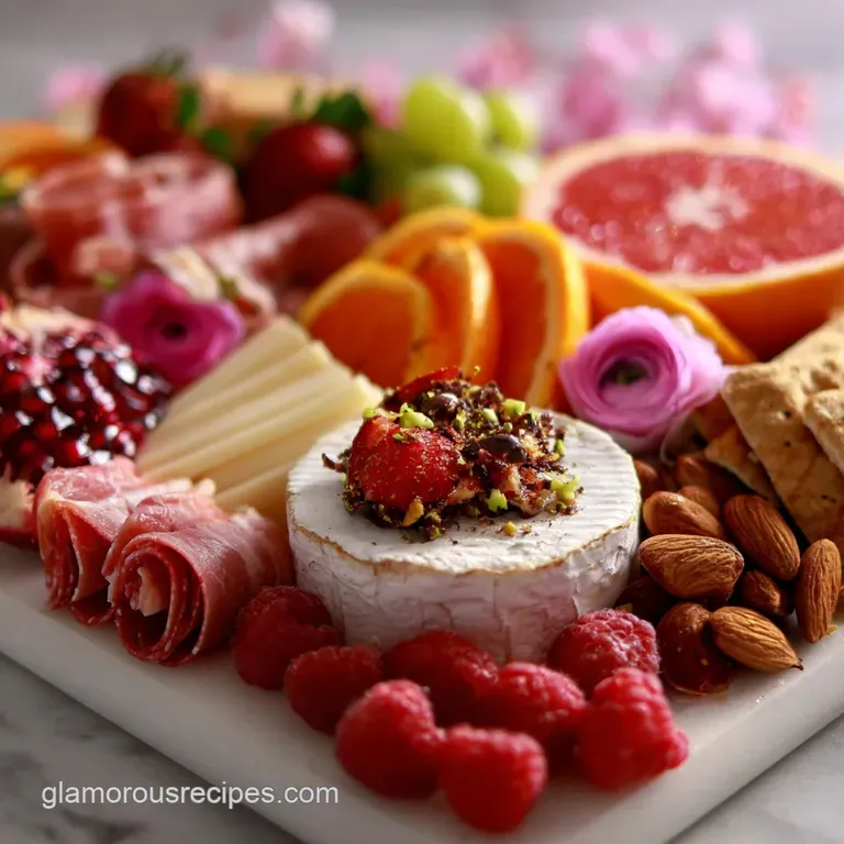 Elegant Valentine's board: heart-shaped cheese, salami roses, fresh strawberries, and assorted crackers fill a wooden board.