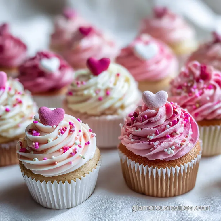 Valentine's cupcake topped with heart sprinkles. Smooth buttercream frosting and a festive, romantic dessert ready to be e...