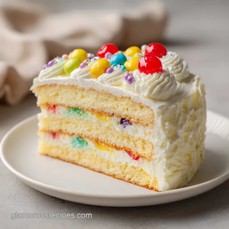 A slice of moist vanilla cake with creamy frosting, garnished with fresh raspberries, on a white plate with a silver fork.