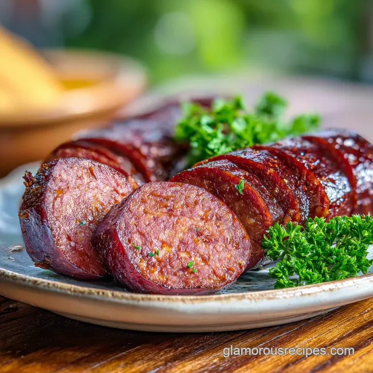 Venison sausage slices arranged artfully on a wooden board with creamy cheese, crackers, and sprigs of fresh herbs, ready ...