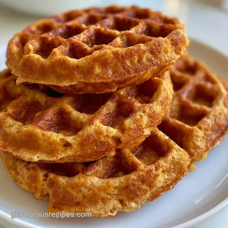 Neatly stacked golden waffles on a minimalist plate, paired with bright red strawberries and a drizzle of syrup.