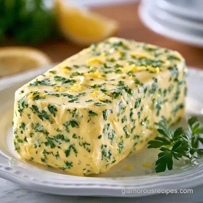 A dollop of pale yellow whipped butter topped with a sprig of chives on a rustic wooden board beside crusty bread.