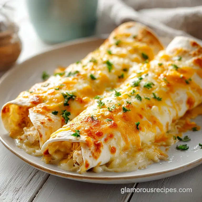 Two creamy rolled tortillas on a white plate with a silky white sauce drizzle and a sprinkle of fresh chopped herbs.