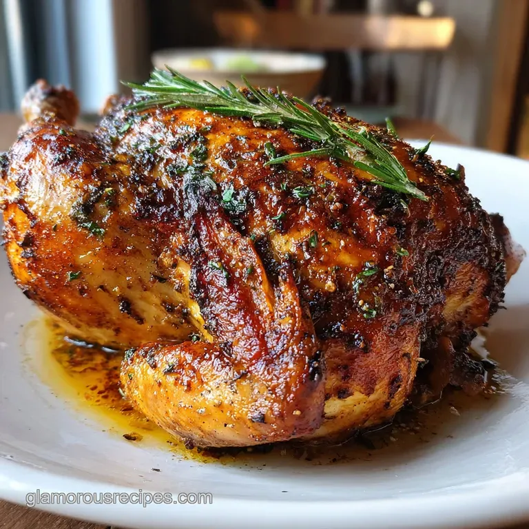Elegant plate of roasted chicken showing shatter-crisp skin, served with colorful roasted root vegetables and fresh herb g...