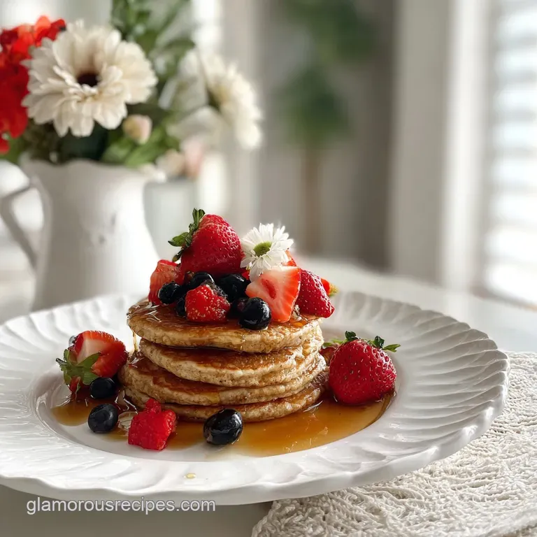 Perfectly round, golden-brown pancake on a white plate. Topped with sliced bananas and drizzled with warm maple syrup, rea...