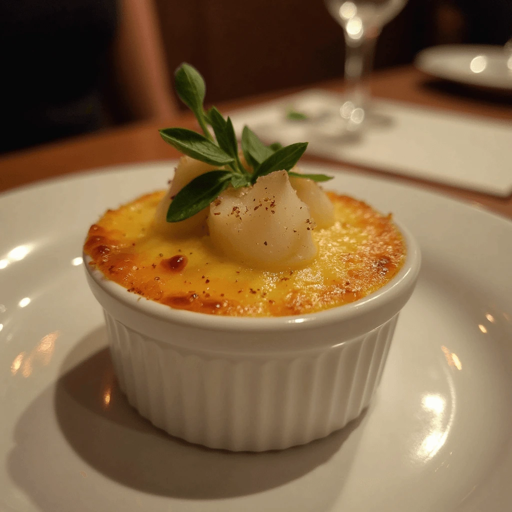 A creamy crab brûlée served in a ramekin, topped with a caramelized crust and garnished with fresh herbs, placed on a white plate.