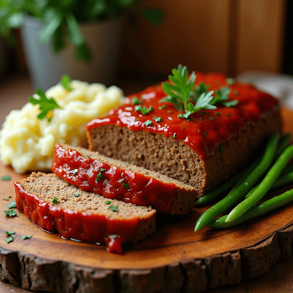 A bacon-wrapped meatloaf with a caramelized exterior, garnished with fresh herbs on a wooden cutting board.