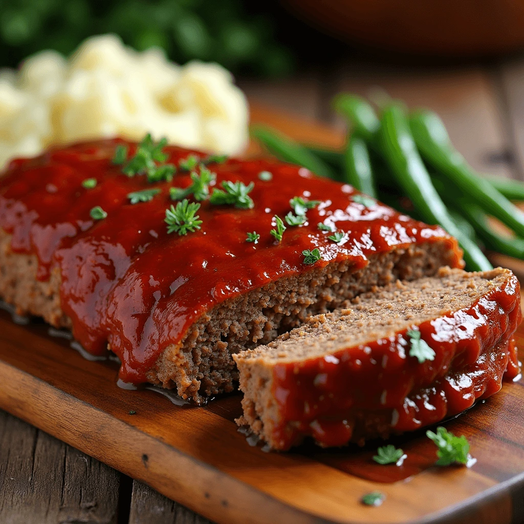 Juicy meatloaf slices covered in rich brown gravy, served on a rustic wooden table.