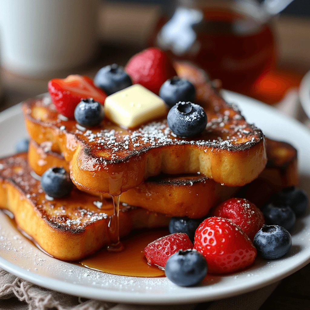 Golden brown French toast topped with powdered sugar, fresh berries, and a drizzle of syrup.
