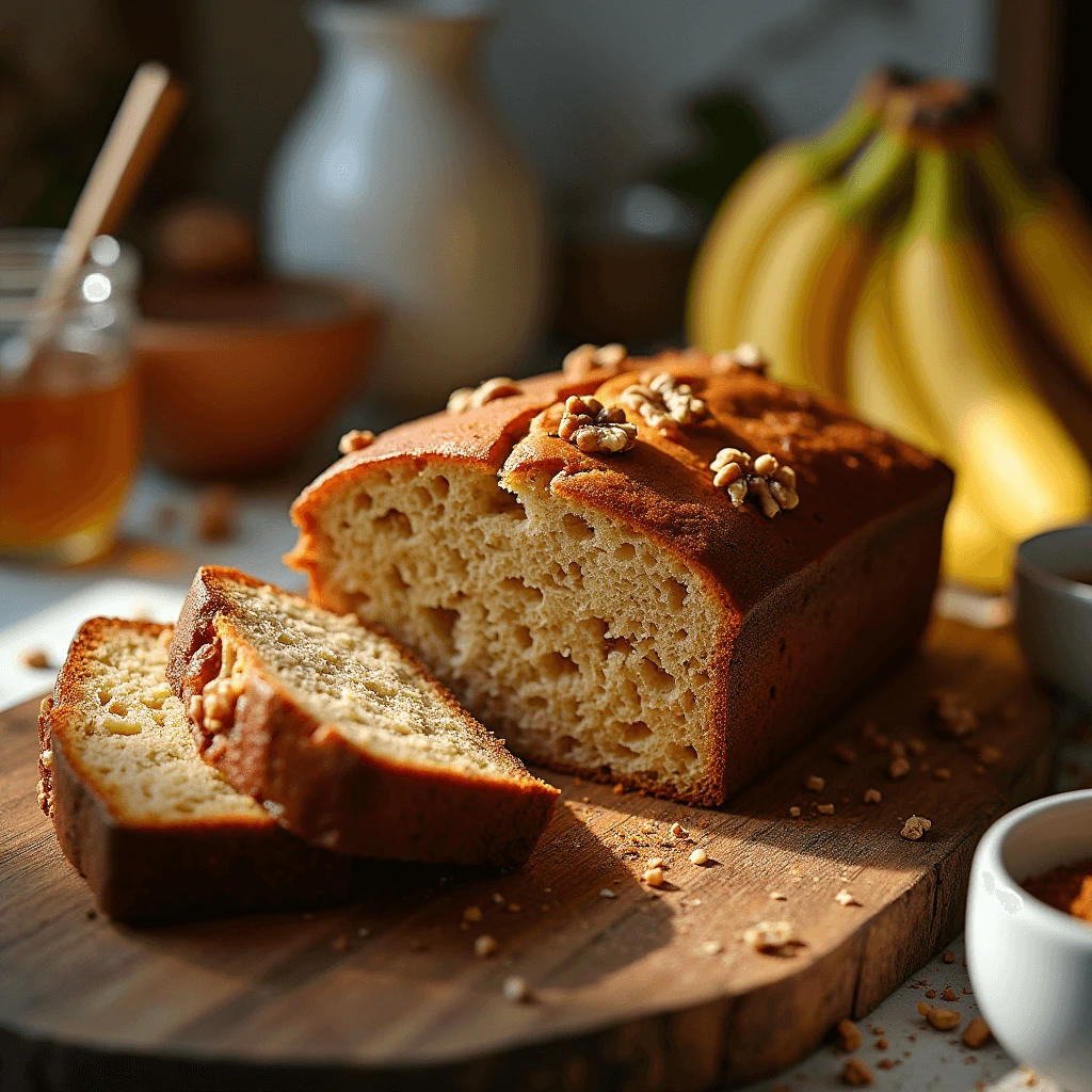 Banana bread loaf with a golden crust and soft, moist texture, sliced and ready to serve.