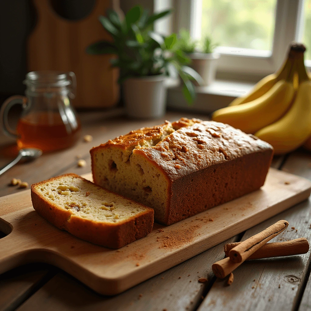 Freshly baked banana bread sliced on a wooden board with ripe bananas beside it.