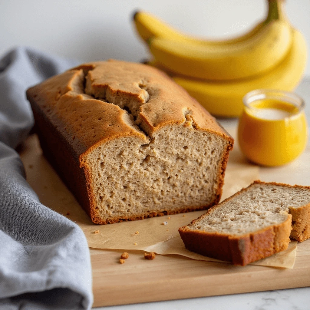 Slice of banana bread served on a plate with a cup of coffee.