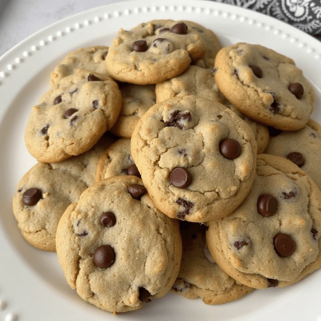 A tray of freshly baked golden-brown chocolate chip cookies cooling on a wire rack.