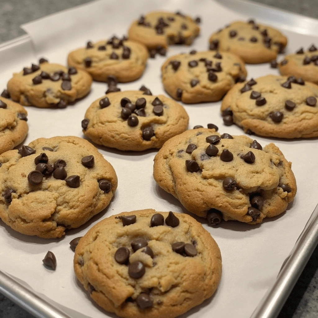 A hand placing chocolate chip cookie dough balls onto a baking tray.