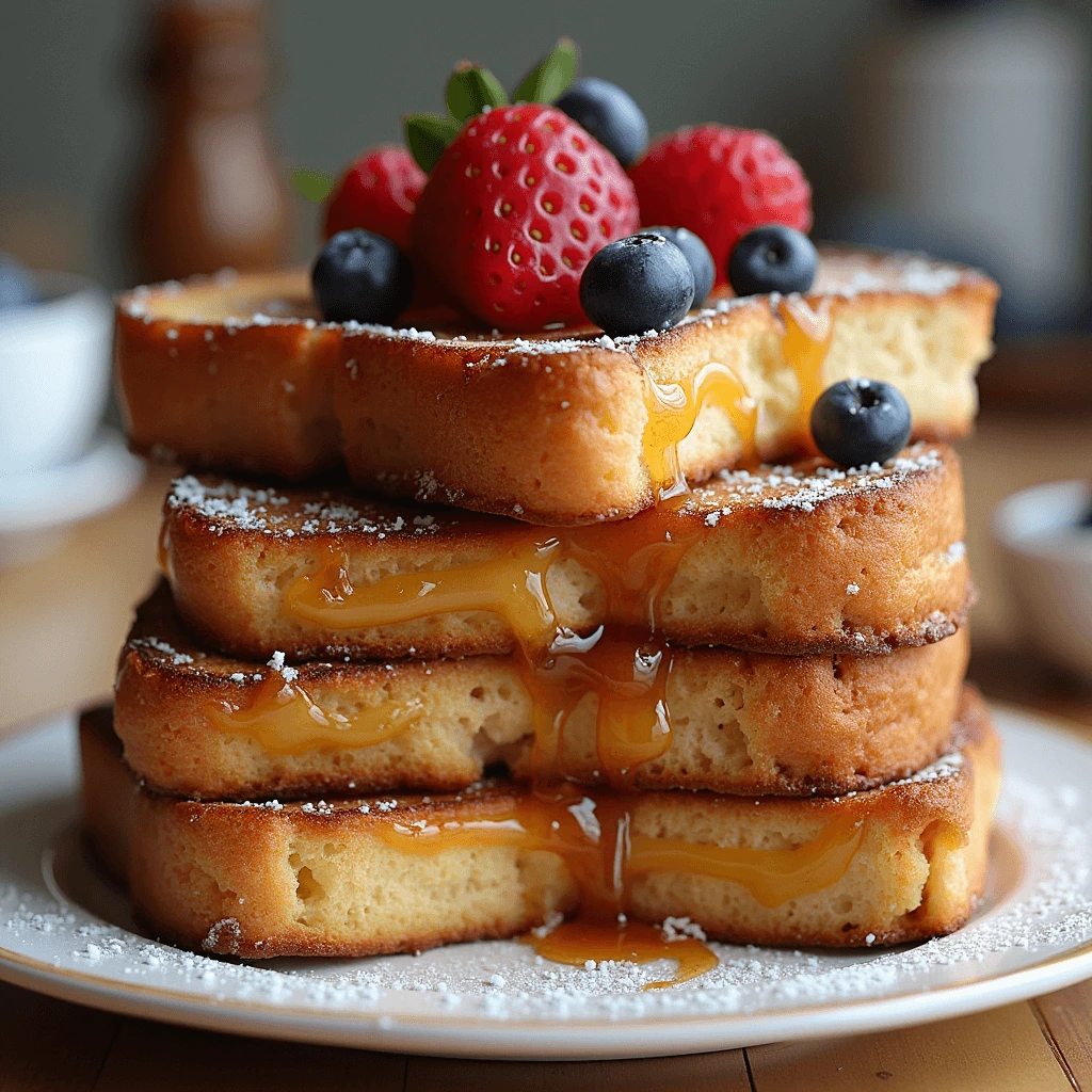 French toast topped with caramelized apples and a touch of cinnamon.