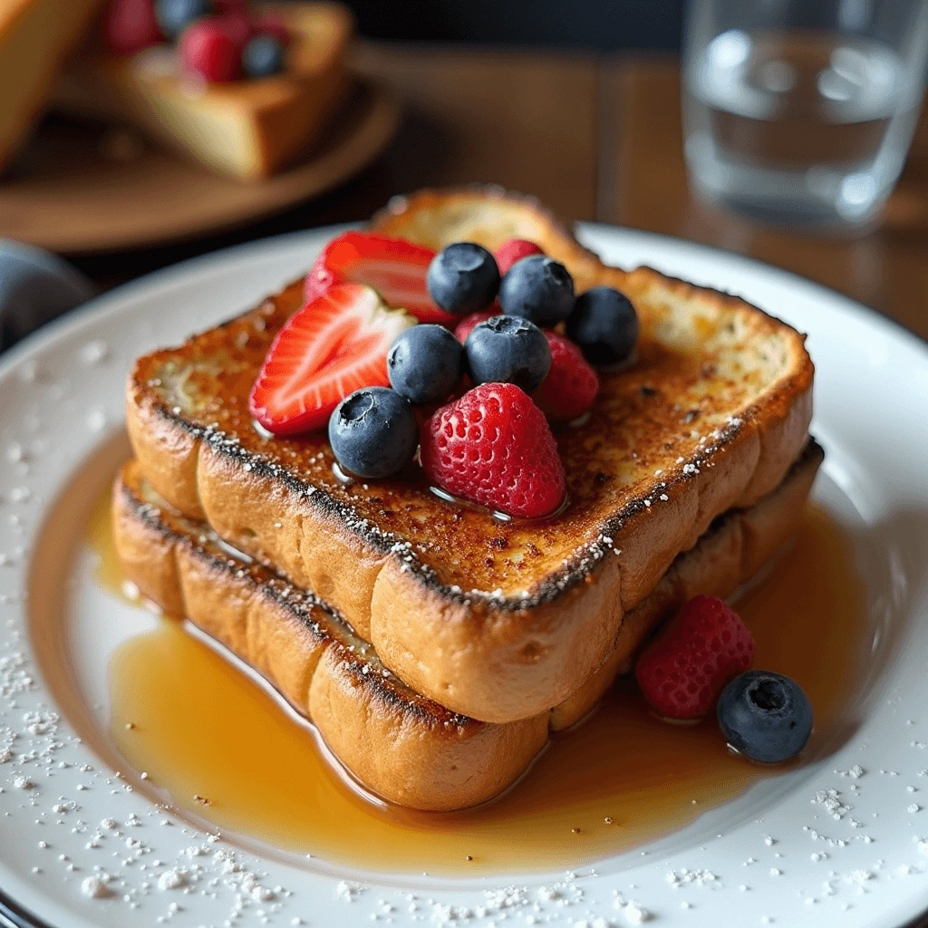 French toast with a side of crispy bacon and fresh fruit.