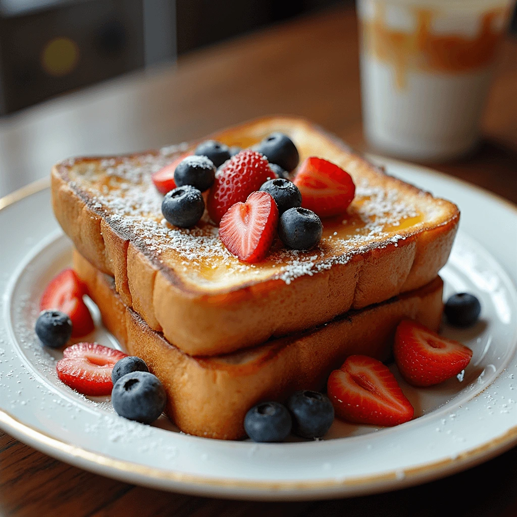 French toast served with a dusting of powdered sugar and a side of syrup.