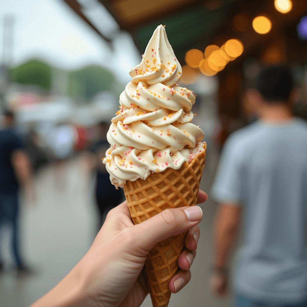 Scoop of chocolate ice cream with a swirl of caramel sauce