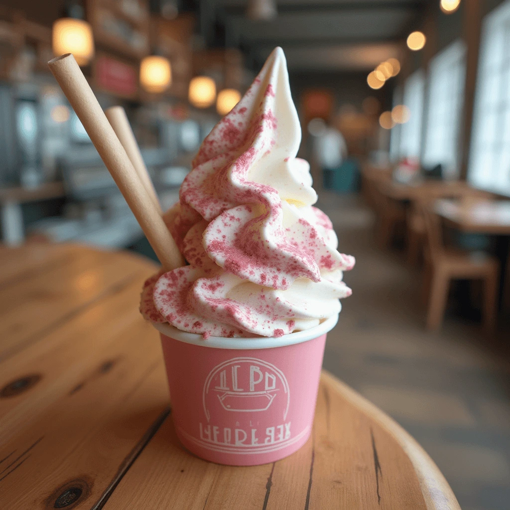 Homemade ice cream in a waffle cone topped with fresh strawberries