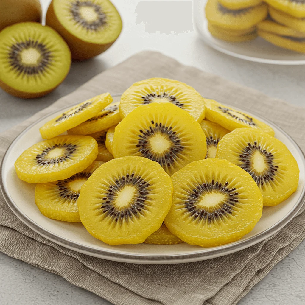 Plate of crispy golden kiwi chips, ready to be enjoyed as a healthy homemade snack.