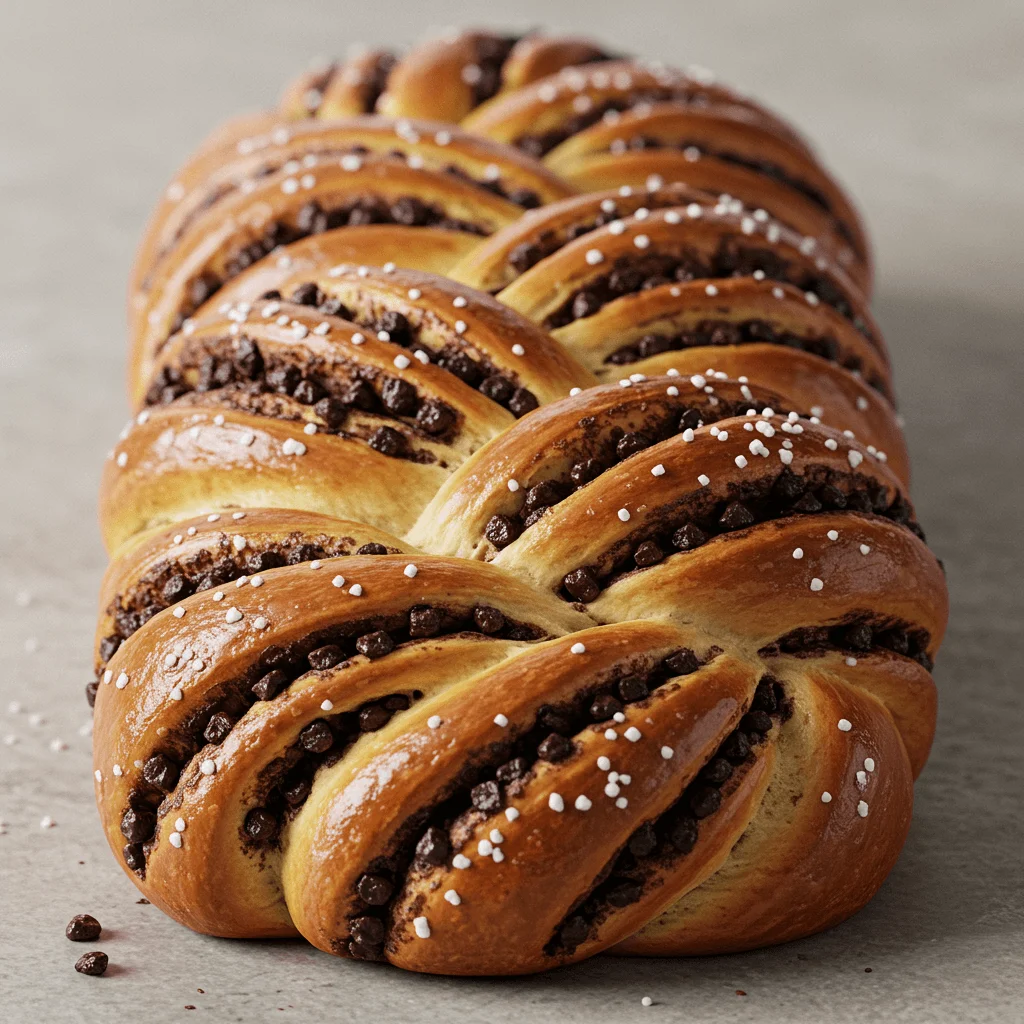 Delicious braided chocolate chip brioche loaf sliced to reveal soft, fluffy interior.